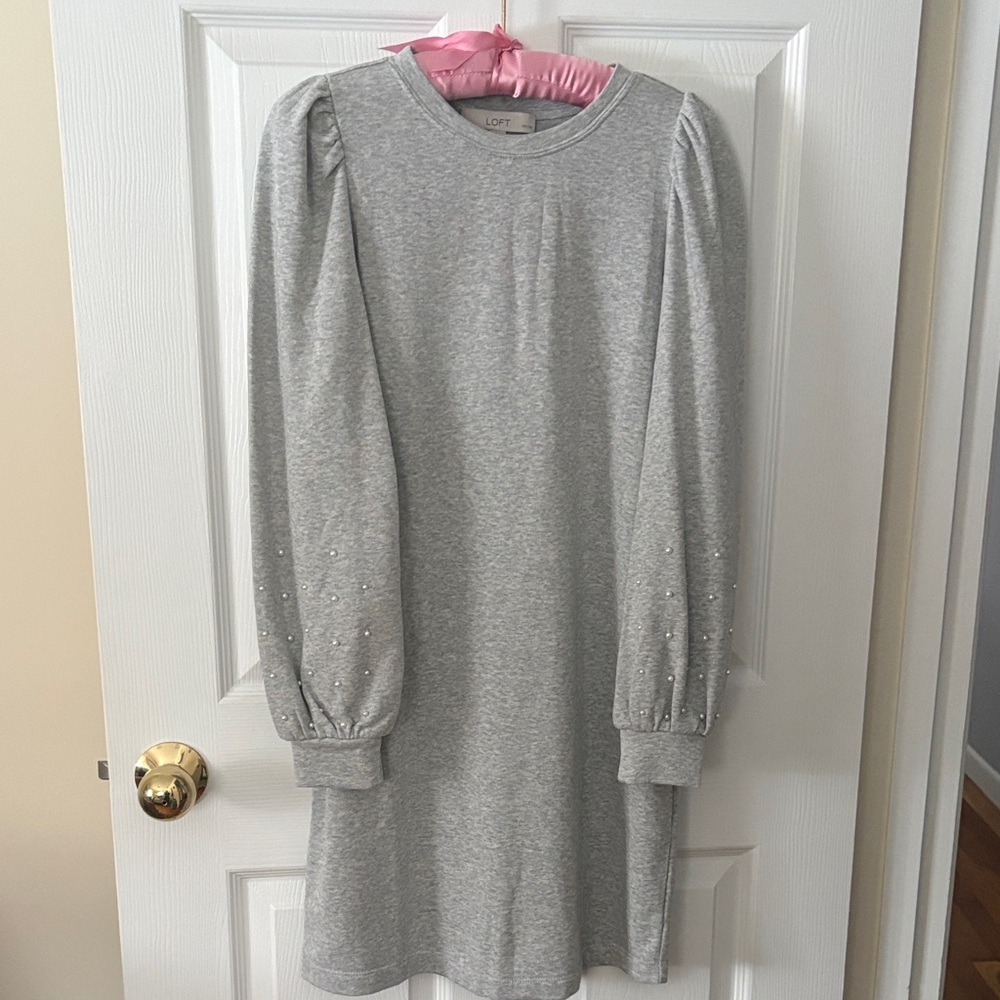 LOFT Gray Puff-Sleeve Dress with Pearl Details